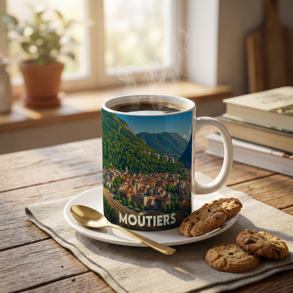 Mug souvenir de la ville de Moûtiers avec une illustration stylisée de son paysage montagneux.