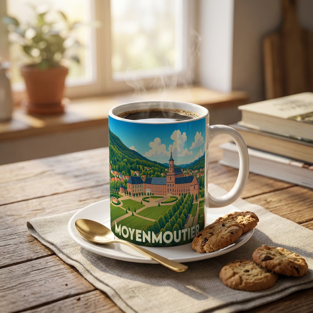 Mug souvenir de la ville de Moyenmoutier orné d'une illustration stylisée de son abbaye et de ses paysages.