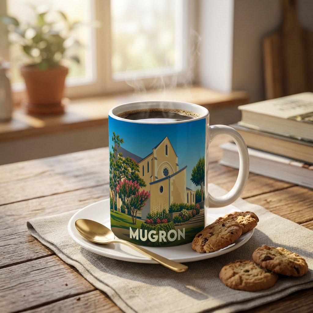 Mug souvenir de la ville de Mugron avec une illustration stylisée d'une église sur fond de ciel bleu.