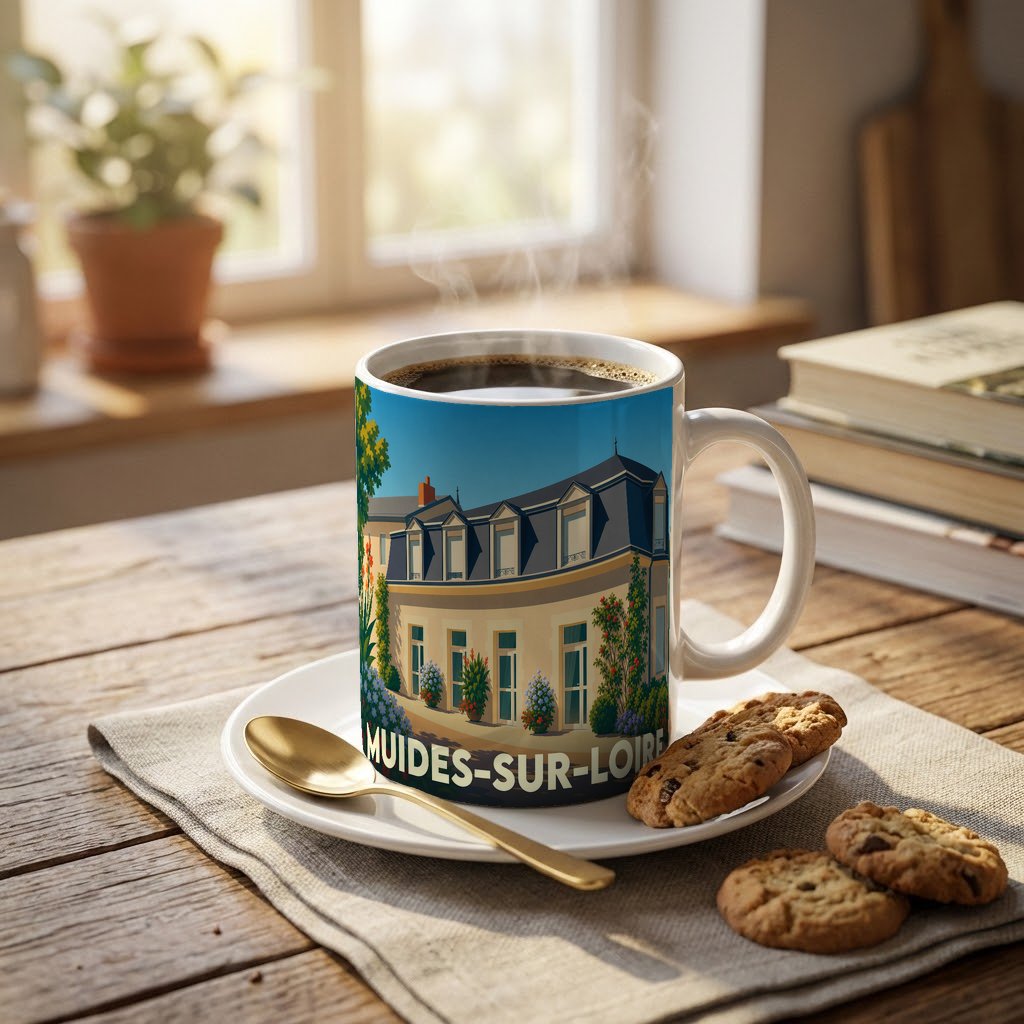 Mug souvenir de la ville de Muides-sur-Loire orné d'une illustration stylisée de son architecture.