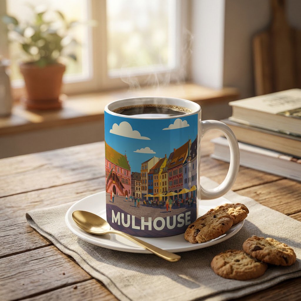 Mug souvenir de la ville de Mulhouse avec une illustration stylisée de ses façades colorées.