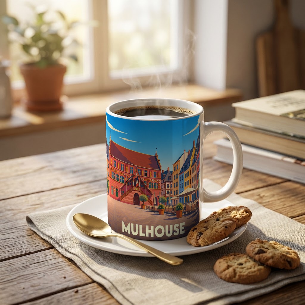 Mug souvenir de la ville de Mulhouse avec une illustration stylisée de ses façades colorées.