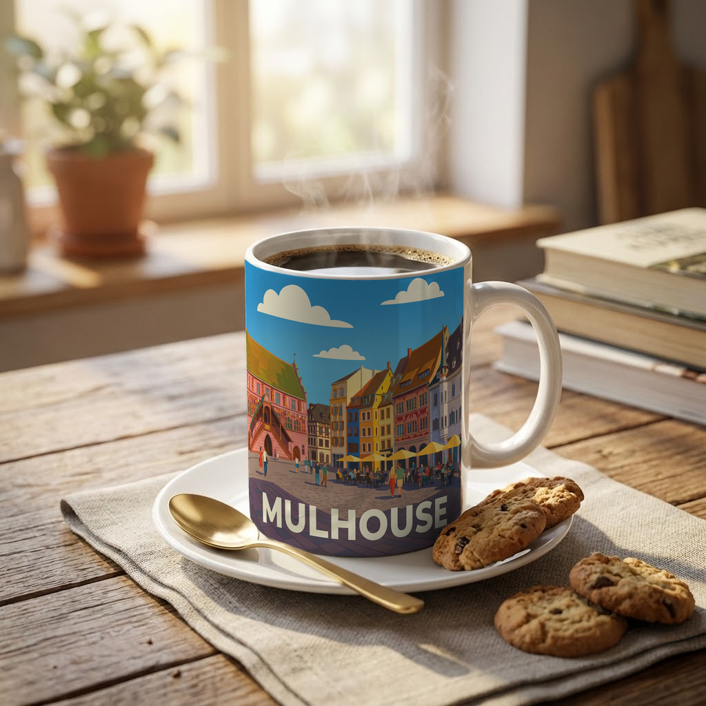 Mug souvenir de la ville de Mulhouse avec une illustration stylisée de ses façades colorées.