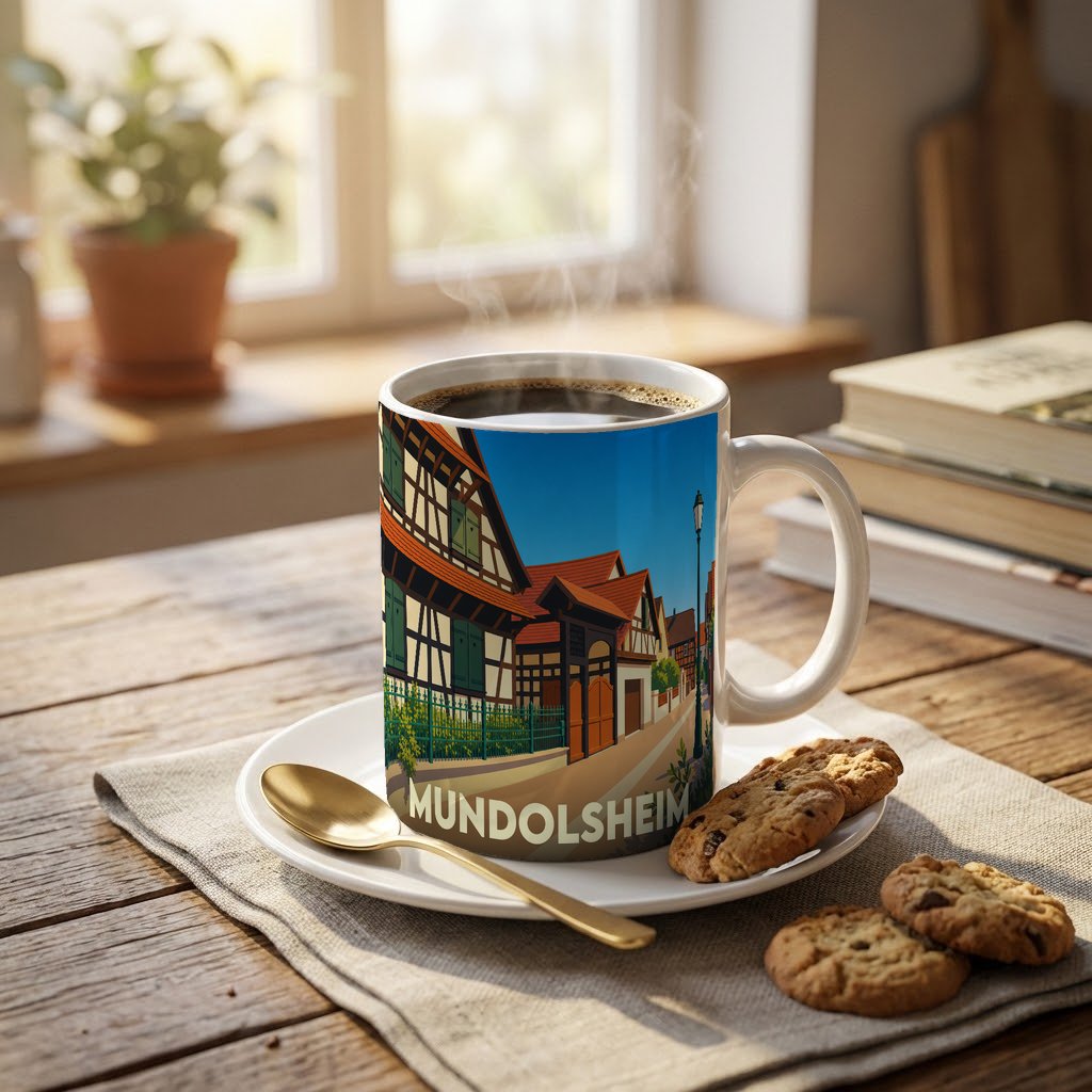 Mug souvenir de la ville de Mundolsheim avec une illustration stylisée de maisons à colombages.