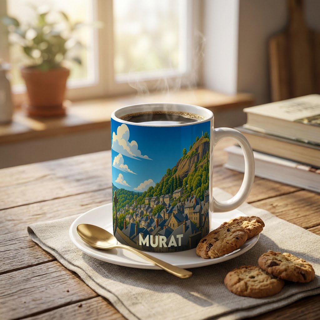 Mug souvenir de la ville de Murat orné d'une illustration stylisée d'un village de montagne.