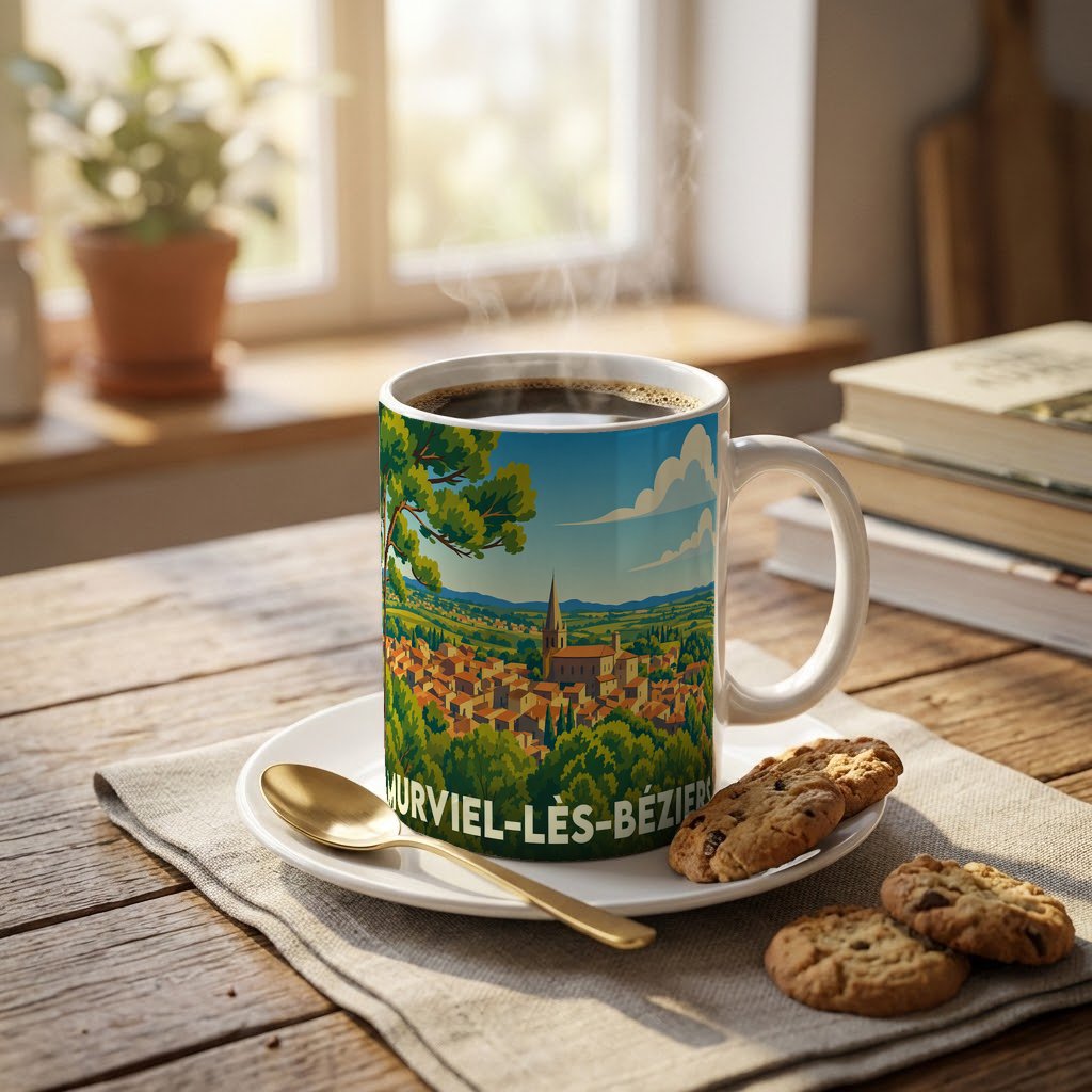 Mug souvenir de la ville de Murviel-lès-Béziers avec une illustration stylisée d'un paysage panoramique.