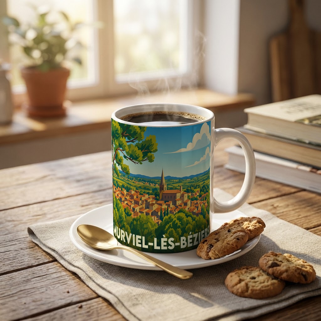 Mug souvenir de la ville de Murviel-lès-Béziers avec une illustration stylisée d'un paysage panoramique.