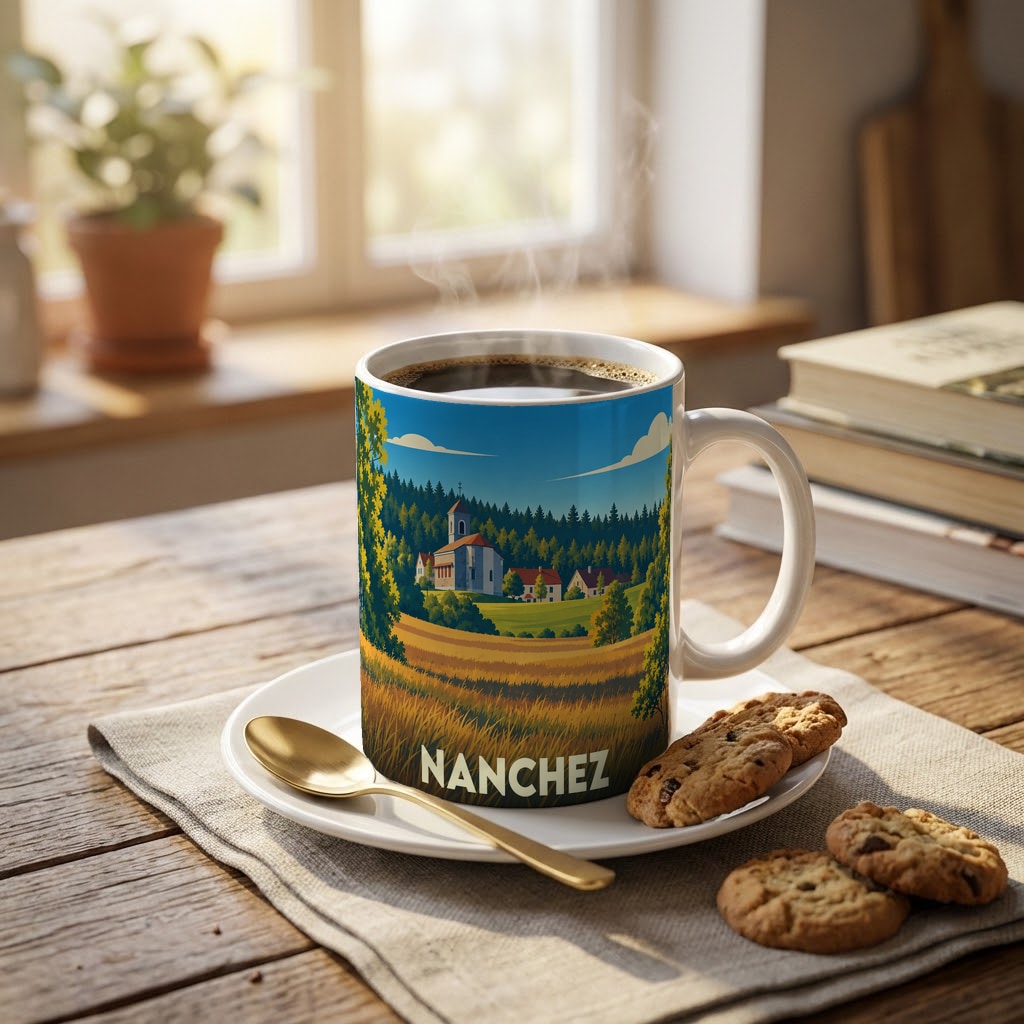 Mug souvenir de la ville de Nanchez avec une illustration stylisée de paysages jurassiens.