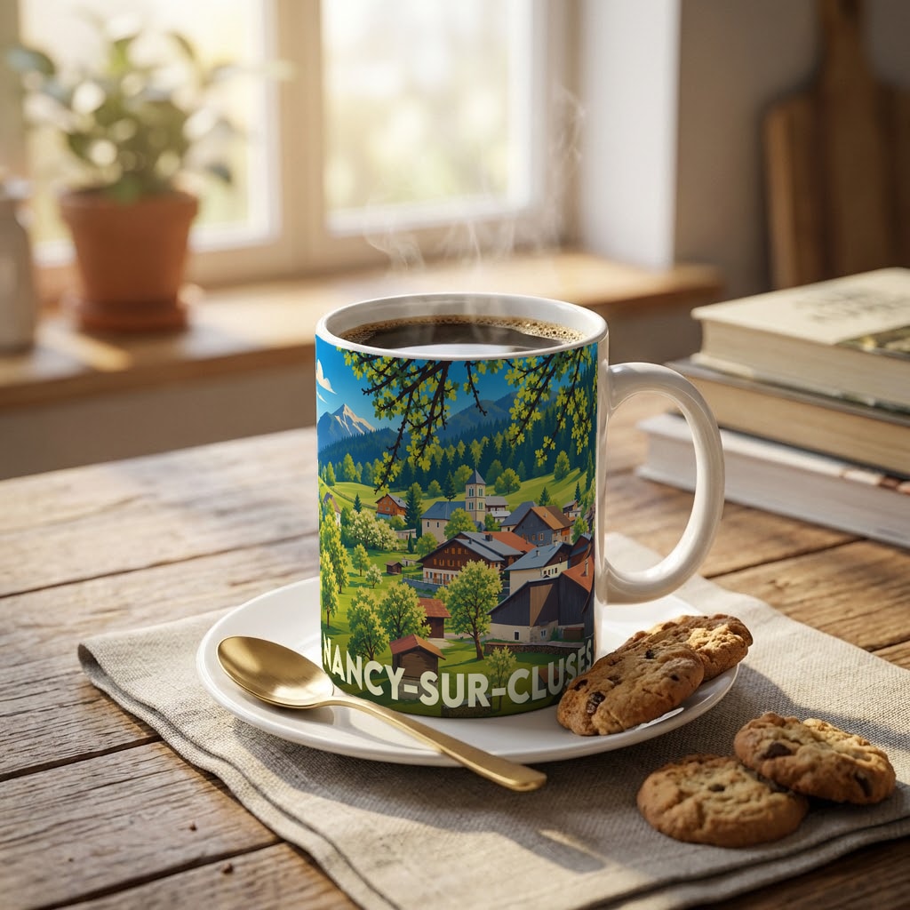 Mug souvenir de la ville de Nancy-sur-Cluses illustré d'un paysage de montagne pittoresque.