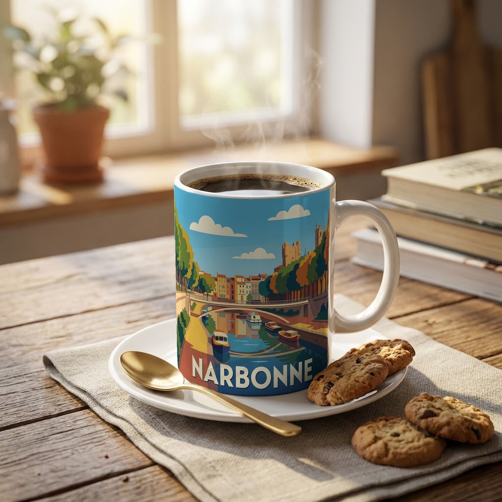 Mug souvenir de la ville de Narbonne avec une illustration graphique stylisée.
