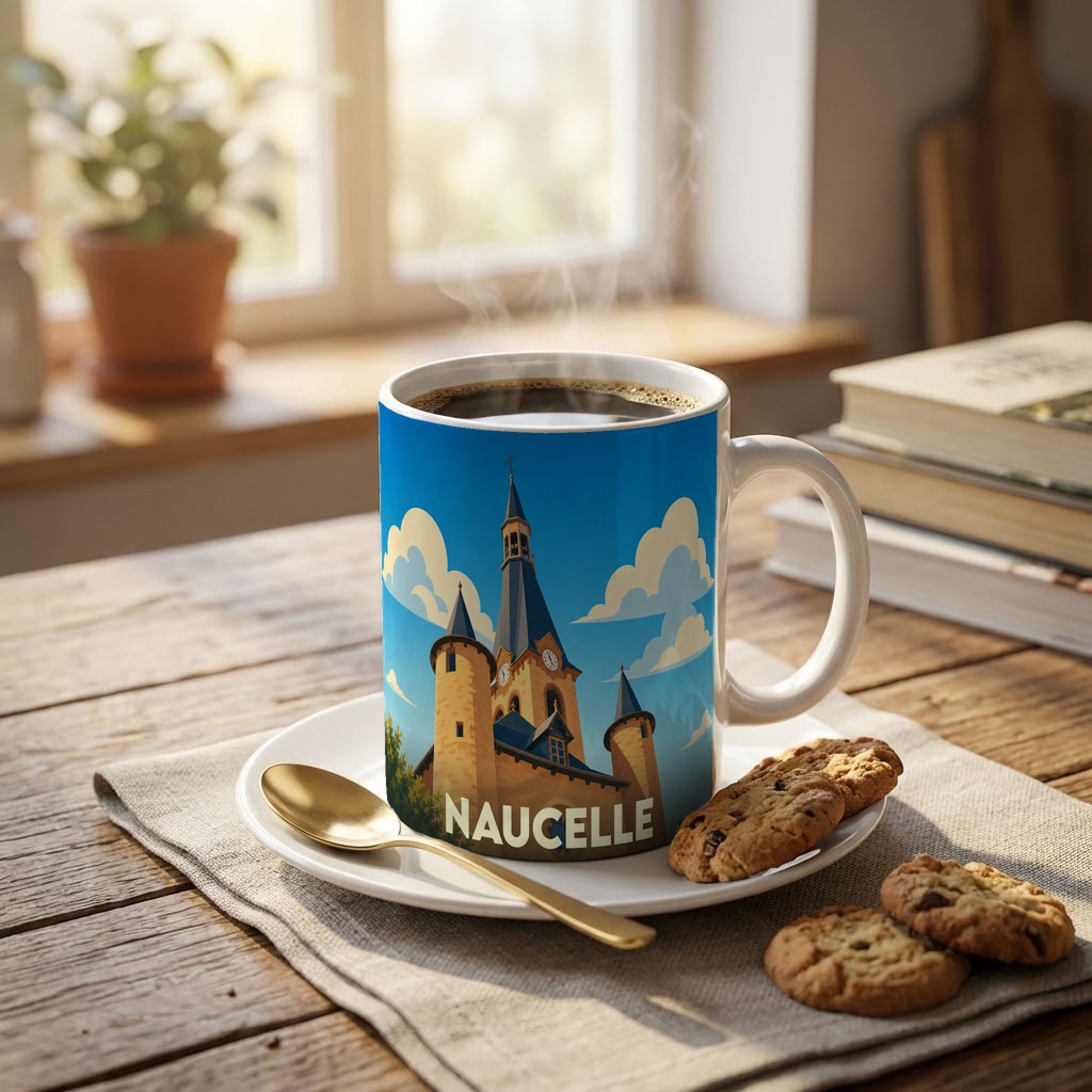 Mug souvenir de la ville de Naucelle avec une illustration stylisée d'un château.
