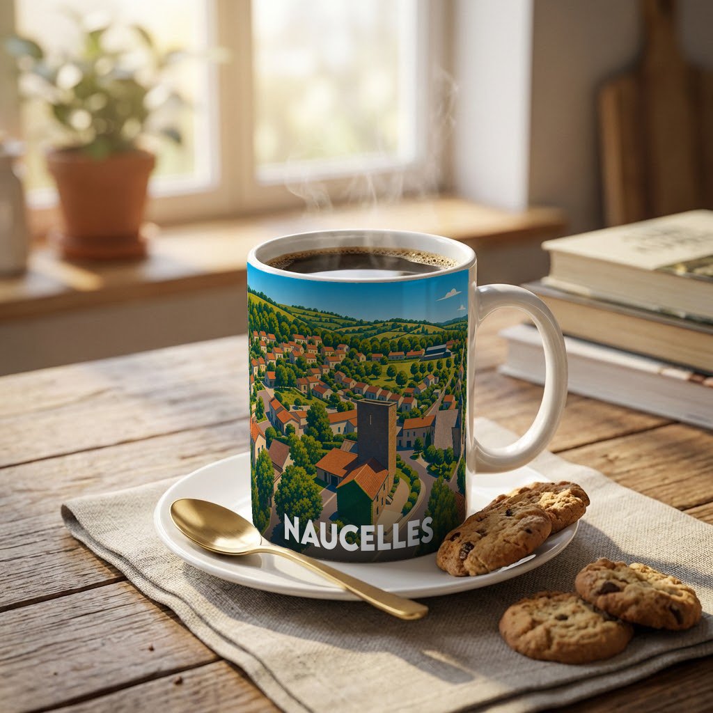 Mug souvenir de la ville de Naucelles orné d'une illustration panoramique colorée.
