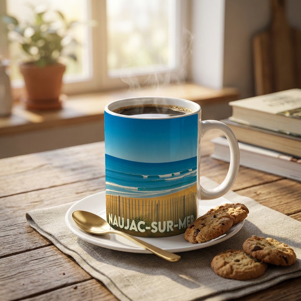 Mug souvenir de Naujac-sur-Mer avec une illustration stylisée de plage et de mer.