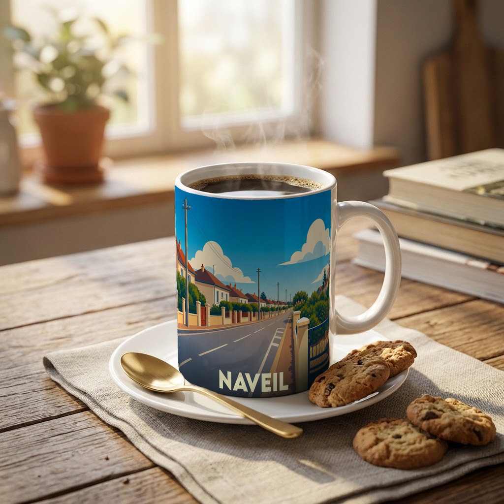 Mug souvenir de la ville de Naveil avec une illustration stylisée d'une rue ensoleillée.