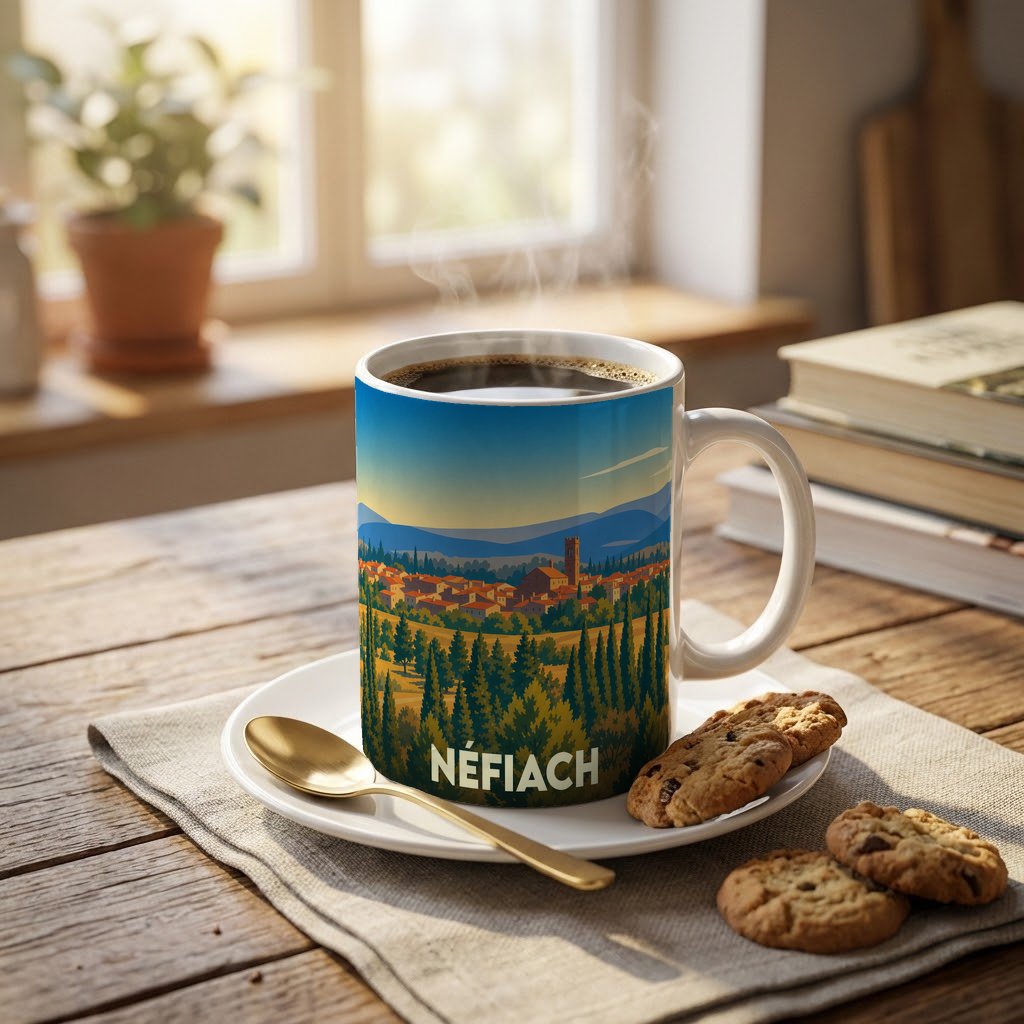 Mug souvenir de la ville de Néfiach orné d'une illustration stylisée de son paysage.