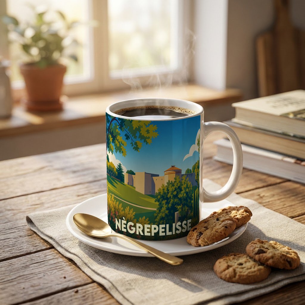 Mug souvenir de la ville de Nègrepelisse orné d'une illustration stylisée de son patrimoine architectural.