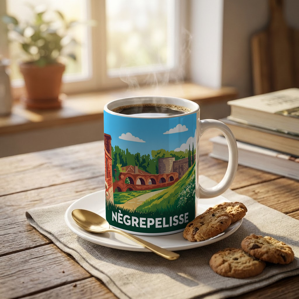 Mug souvenir de la ville de Nègrepelisse avec une illustration stylisée.