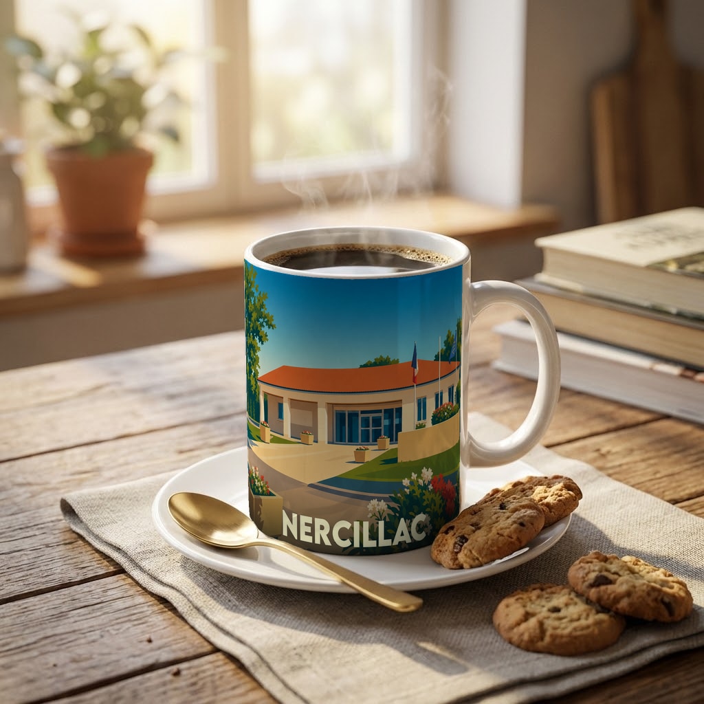 Mug souvenir de la ville de Nercillac avec une illustration stylisée.