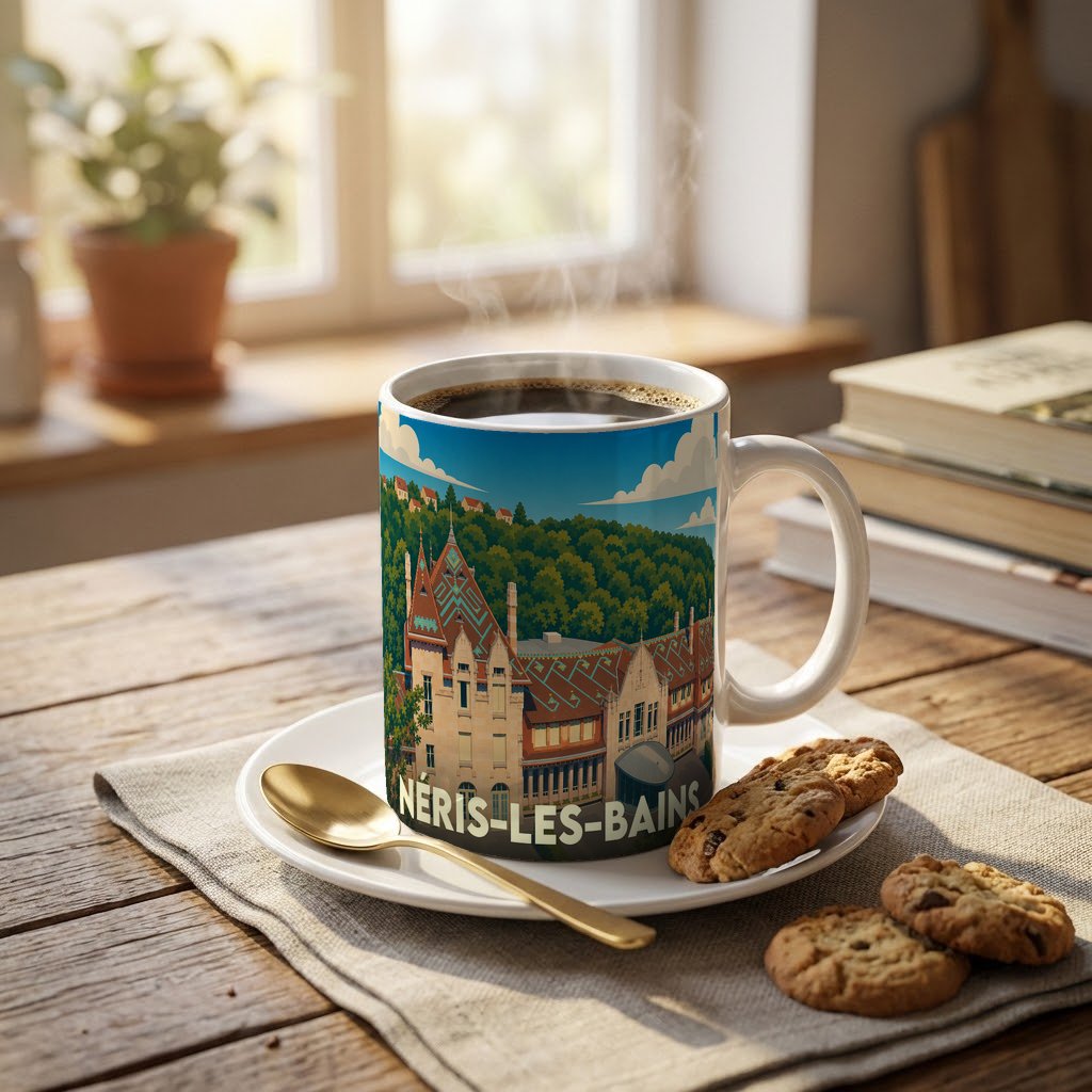Mug souvenir de la ville de Néris-les-Bains avec une illustration stylisée de ses thermes.