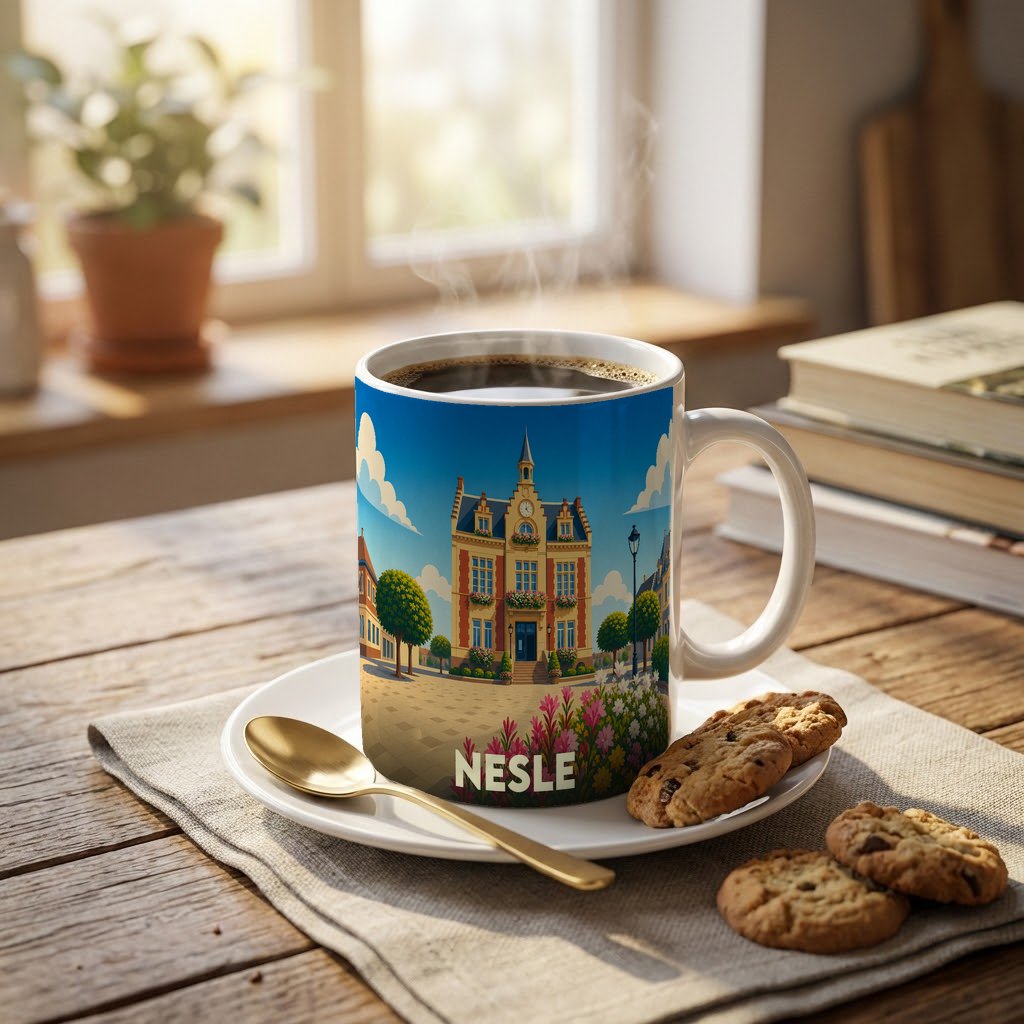 Mug souvenir de la ville de Nesle avec une illustration stylisée d'un bâtiment historique.