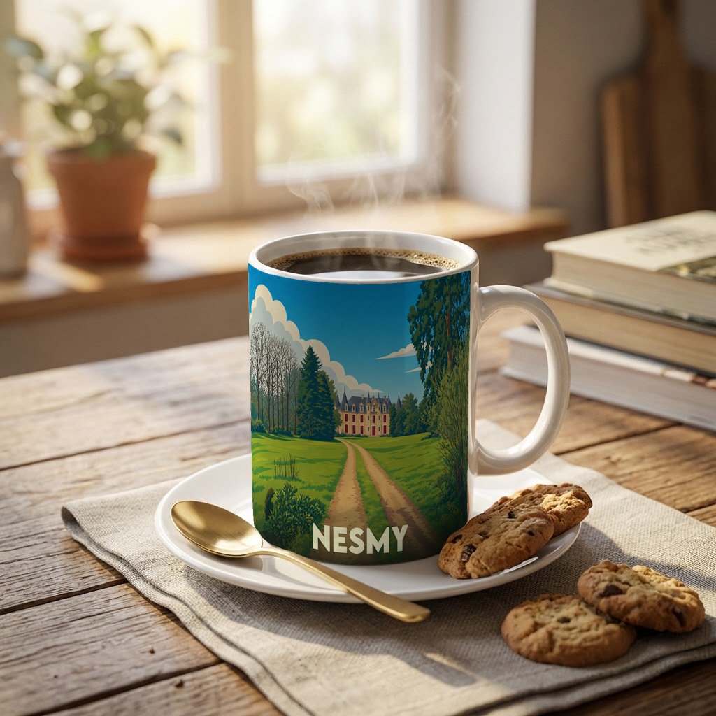 Mug souvenir de la ville de Nesmy avec une illustration stylisée d'un château au bout d'un chemin.
