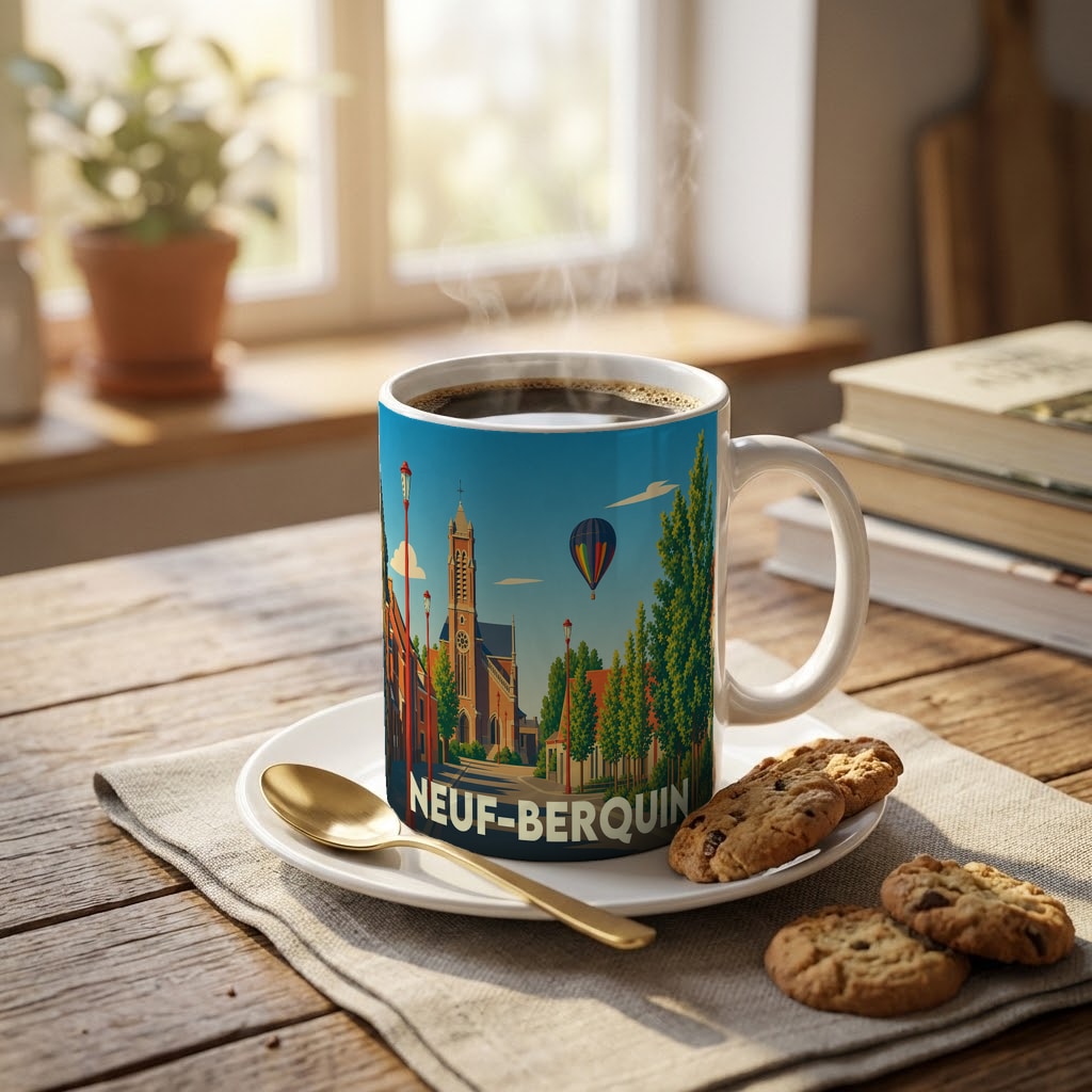 Mug souvenir de la ville de Neuf-Berquin avec une illustration colorée et stylisée de son église et d'une montgolfière.