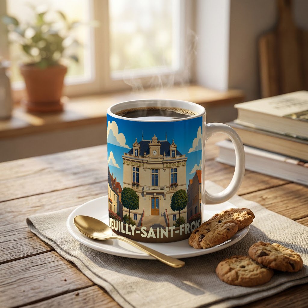 Mug souvenir de la ville de Neuilly-Saint-Front orné d'une illustration stylisée de son hôtel de ville.
