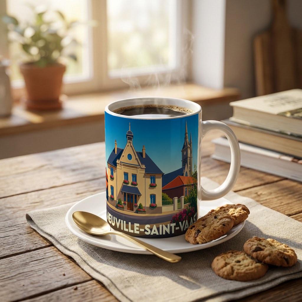 Mug souvenir de la ville de Neuville-Saint-Vaast avec une illustration stylisée d'un bâtiment typique.