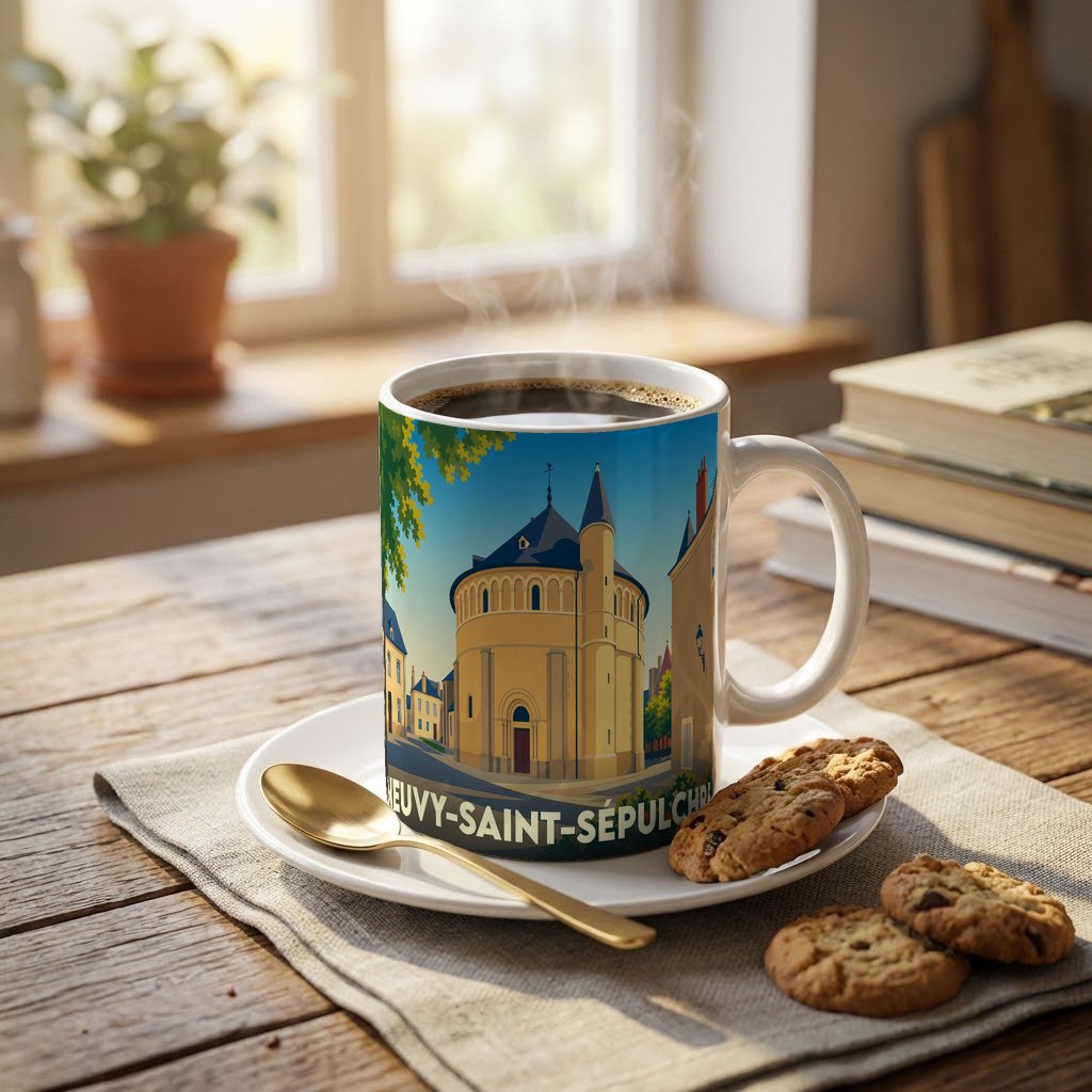 Mug souvenir de la ville de Neuvy-Saint-Sépulchre orné d'une illustration stylisée de son église circulaire.
