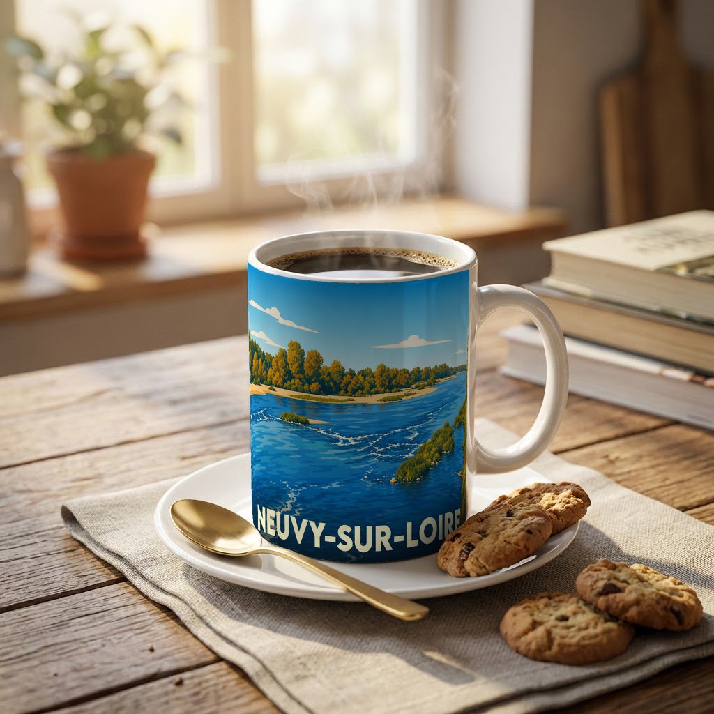 Mug souvenir de la ville de Neuvy-sur-Loire orné d'une illustration stylisée des bords de Loire.
