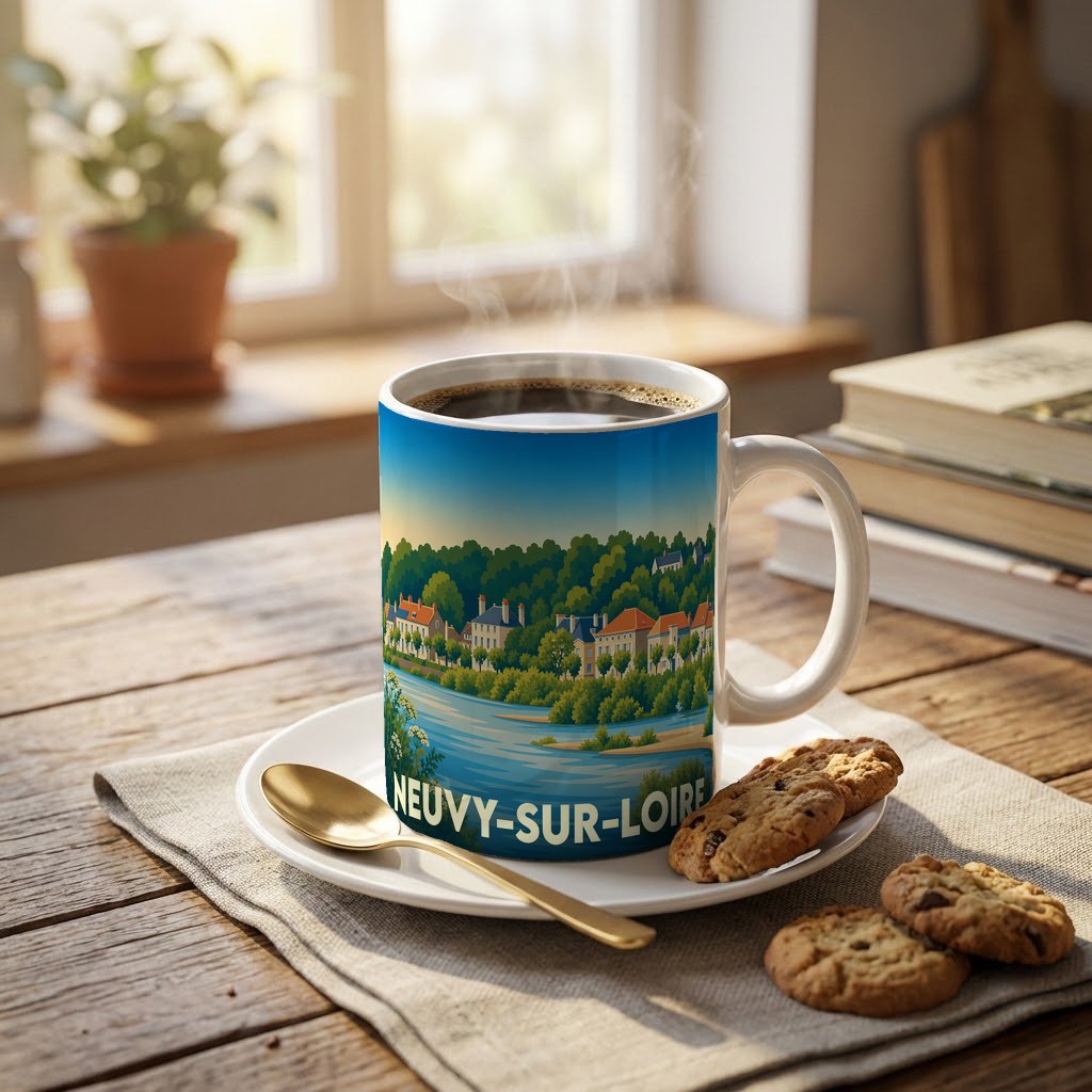 Mug souvenir de la ville de Neuvy-sur-Loire orné d'une illustration stylisée du bord de l'eau.