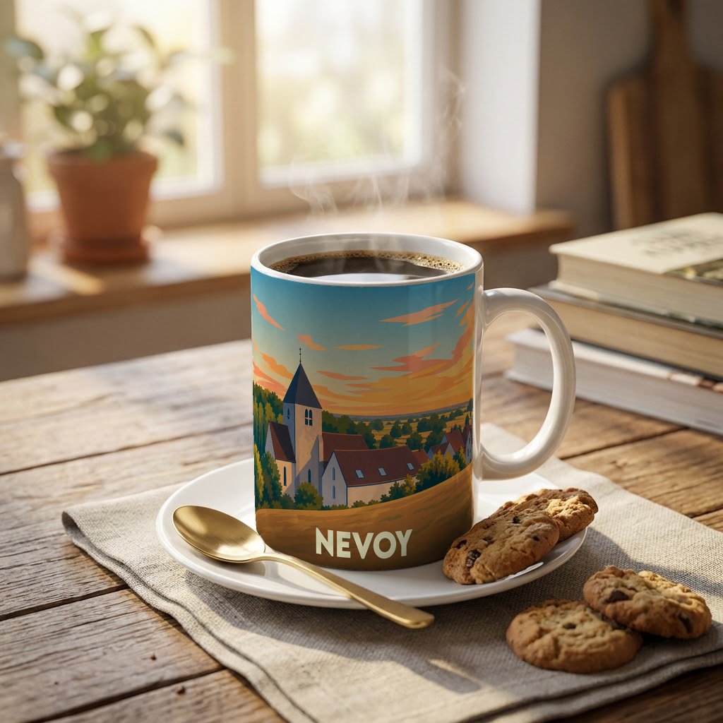 Mug souvenir de la ville de Nevoy avec une illustration stylisée d'un paysage rural au coucher du soleil.