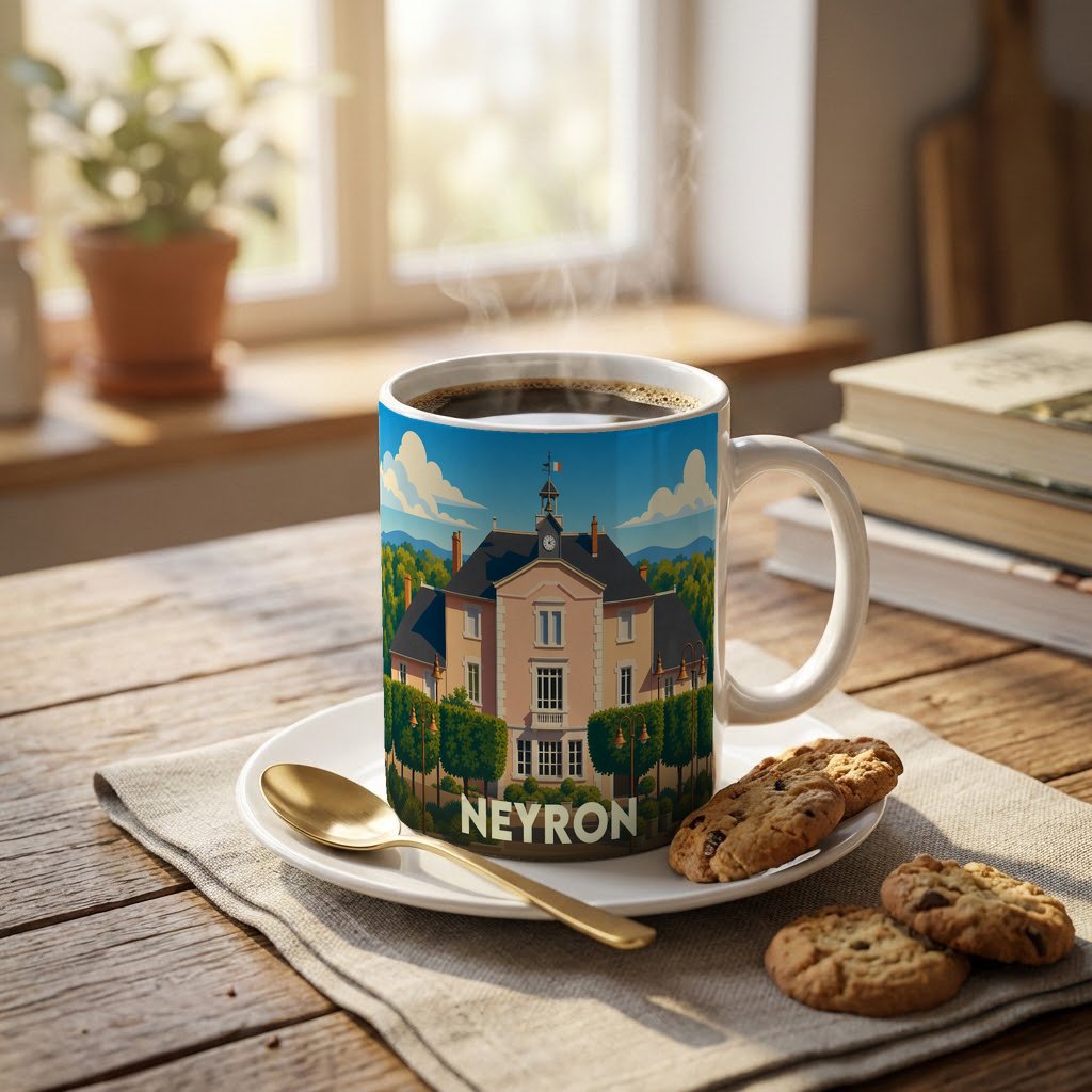 Mug souvenir de la ville de Neyron avec une illustration stylisée de sa mairie.