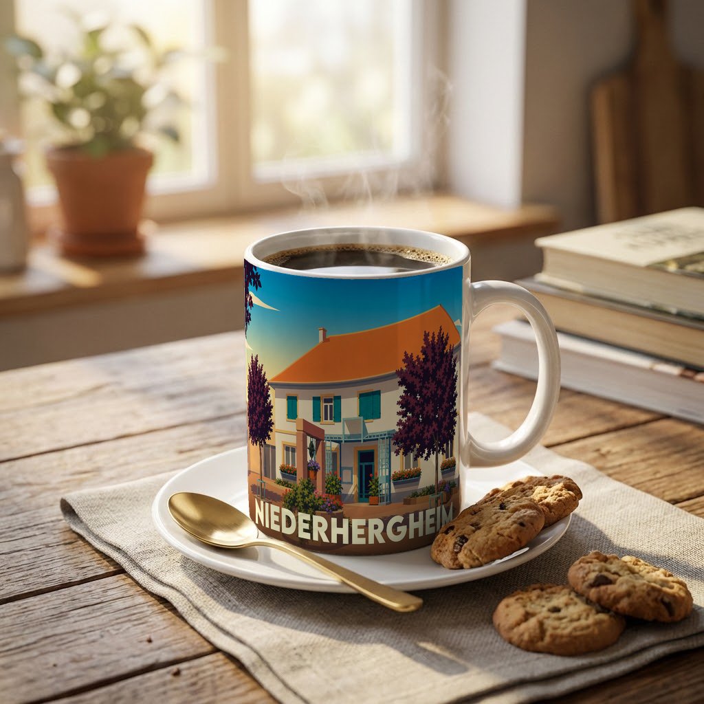 Mug souvenir de la ville de Niederhergheim avec une illustration stylisée d'une maison alsacienne.