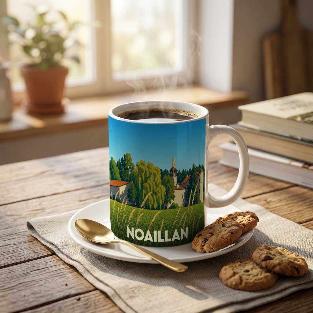 Mug souvenir de la ville de Noaillan avec une illustration stylisée de son paysage champêtre.