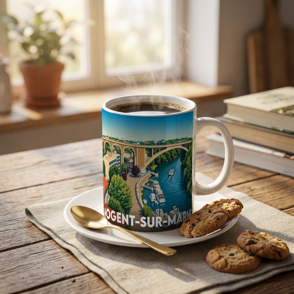 Mug souvenir de la ville de Nogent-sur-Marne illustré d'un paysage stylisé des bords de Marne et de son viaduc.