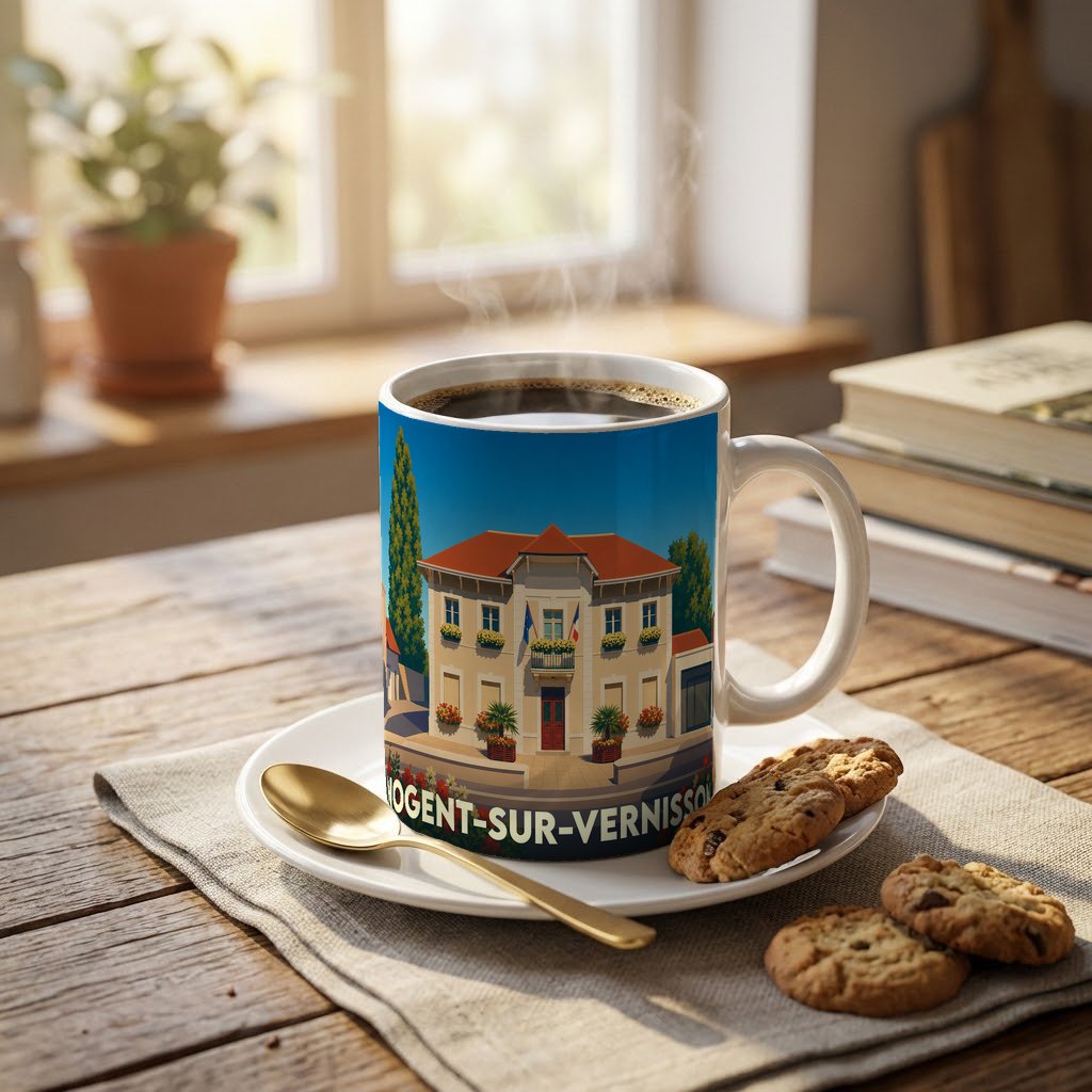 Mug souvenir de la ville de Nogent-sur-Vernisson avec une illustration stylisée de sa mairie.