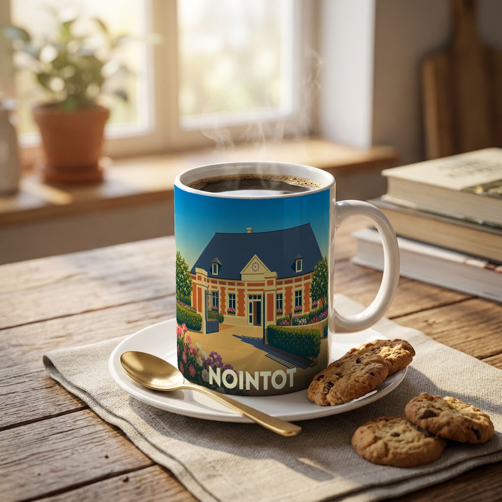 Mug souvenir de la ville de Nointot orné d'une illustration stylisée de sa mairie.