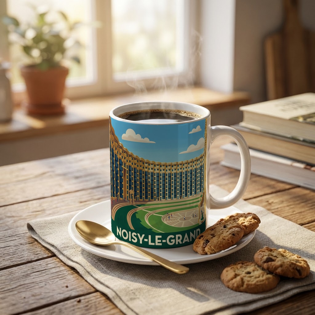 Mug souvenir de la ville de Noisy-le-Grand avec une illustration stylisée.