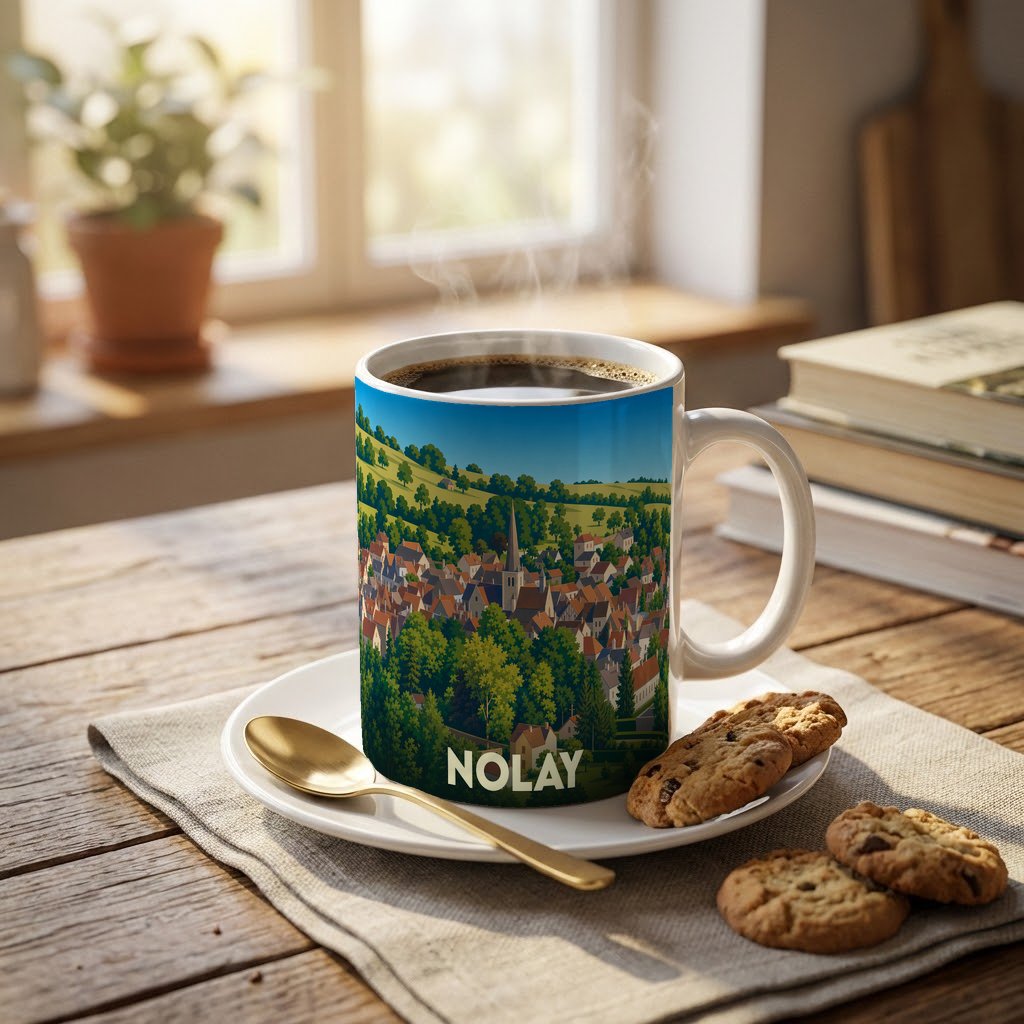 Mug souvenir de la ville de Nolay avec une illustration paysagère stylisée.