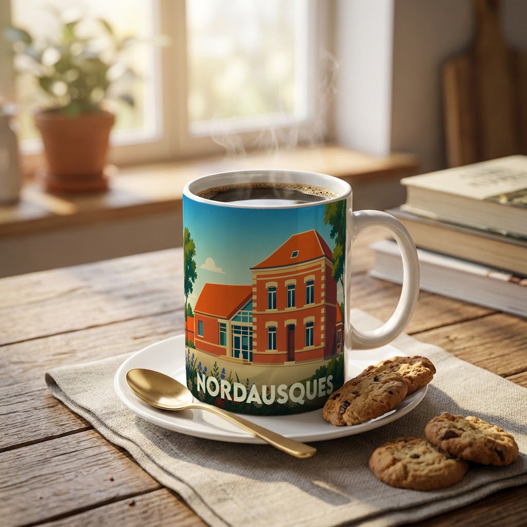 Mug souvenir de la ville de Nordausques avec une illustration stylisée d'un bâtiment en briques.