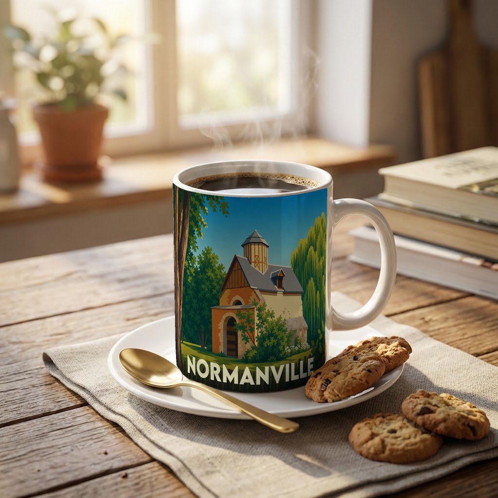 Mug souvenir de la ville de Normanville avec une illustration stylisée d'un bâtiment historique.