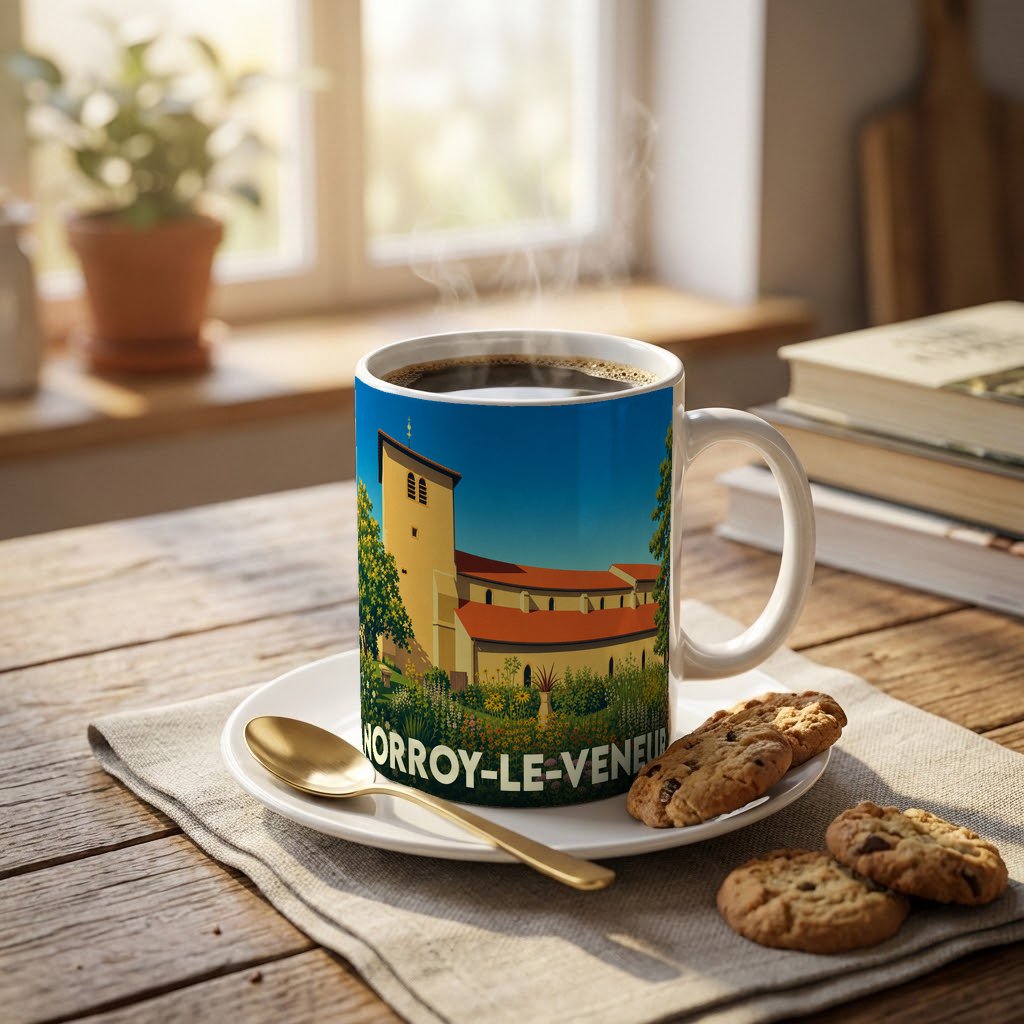 Mug souvenir de la ville de Norroy-le-Veneur avec une illustration stylisée de son église.