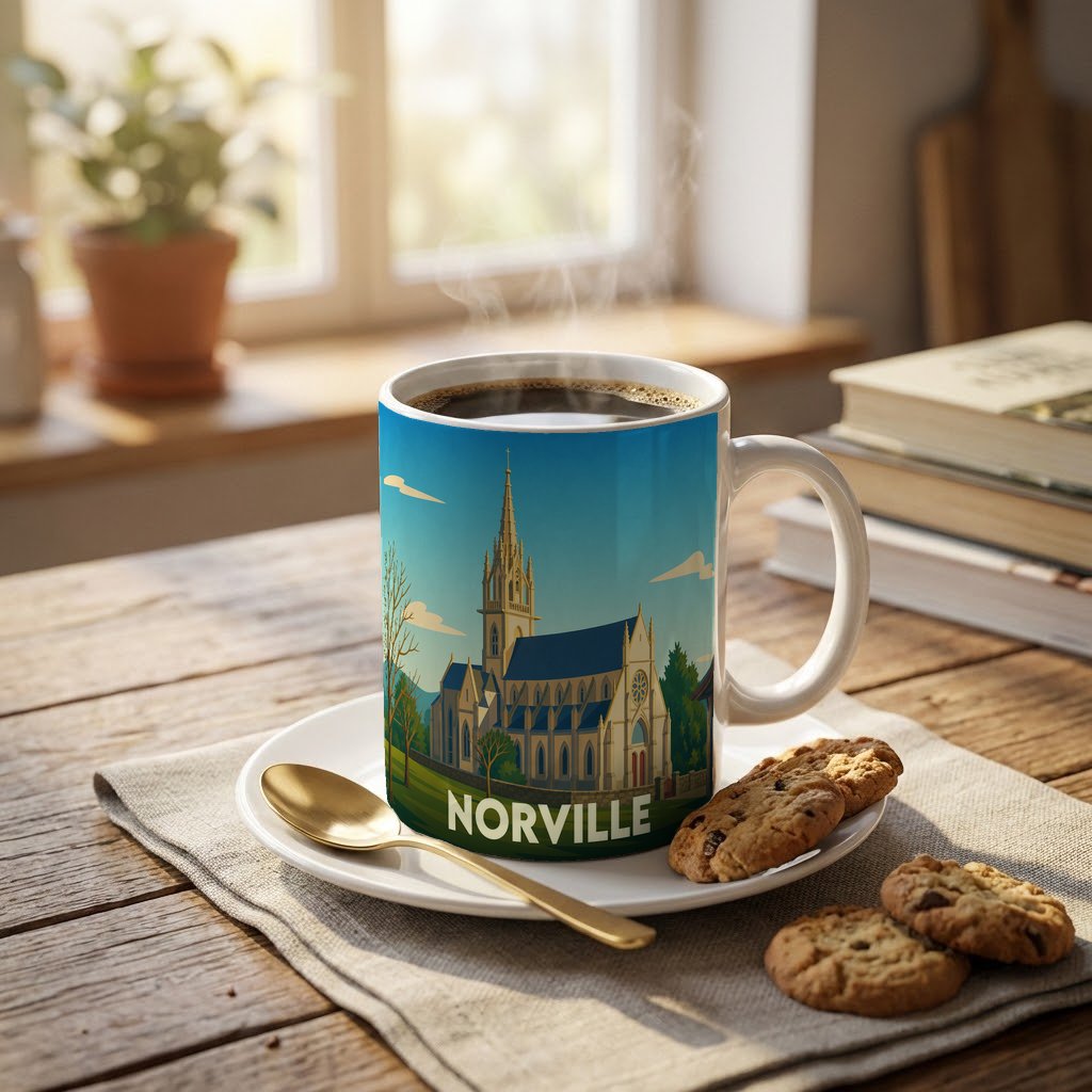 Mug souvenir de la ville de Norville orné d'une illustration stylisée de son église.