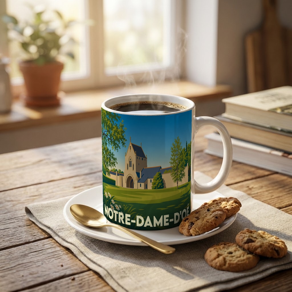 Mug souvenir de la ville de Notre-Dame-d'Oé avec une illustration stylisée d'un monument local.