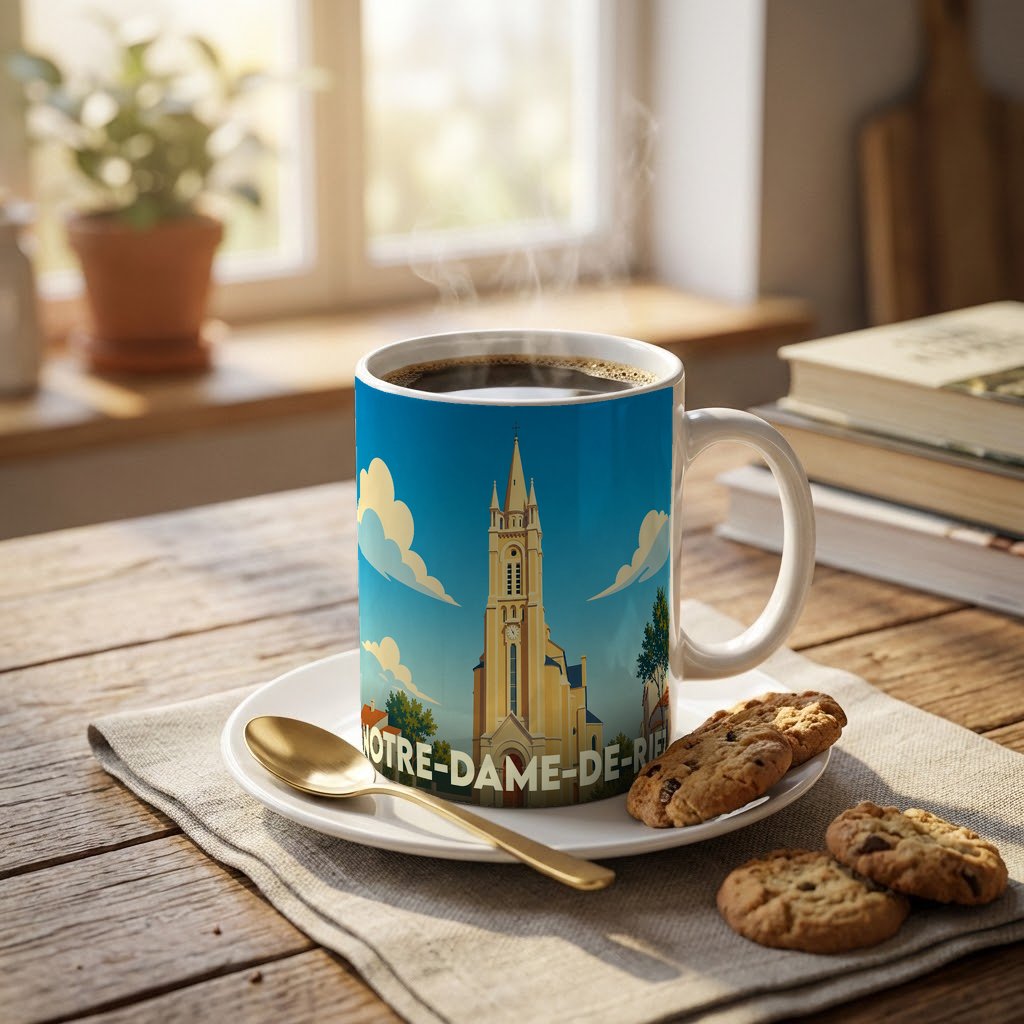 Mug souvenir de la ville de Notre-Dame-de-Riez orné d'une illustration stylisée de son église.