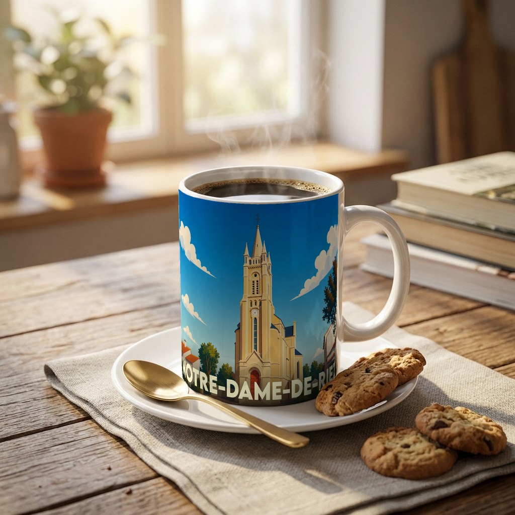 Mug souvenir de la ville de Notre-Dame-de-Riez orné d'une illustration stylisée de son église.
