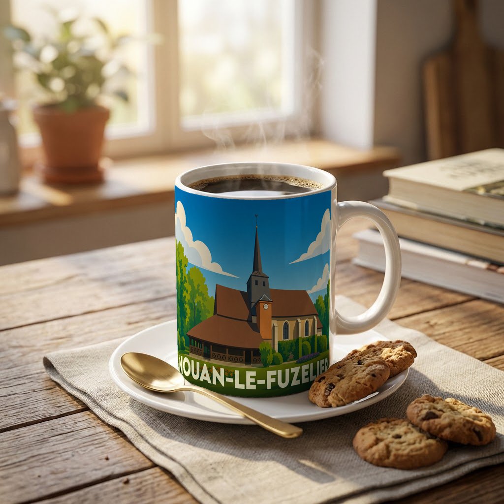 Mug souvenir de la ville de Nouan-le-Fuzelier avec une illustration stylisée de son église.