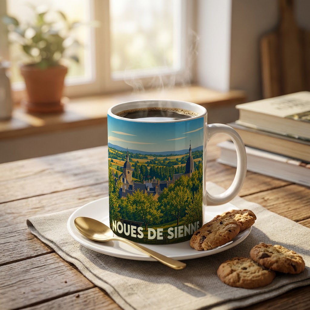 Mug souvenir de la ville de Noues de Sienne avec une illustration stylisée de son paysage urbain.