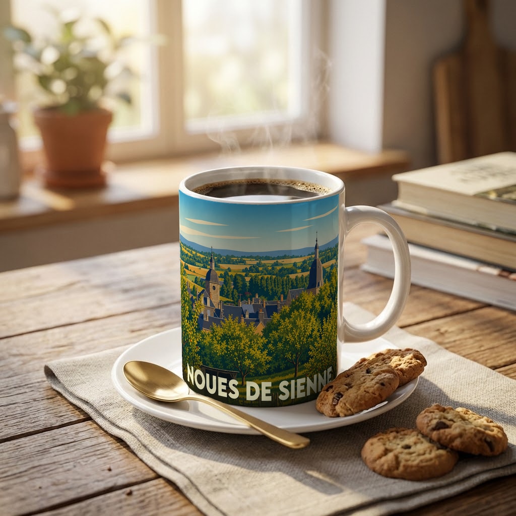 Mug souvenir de la ville de Noues de Sienne avec une illustration stylisée de son paysage urbain.